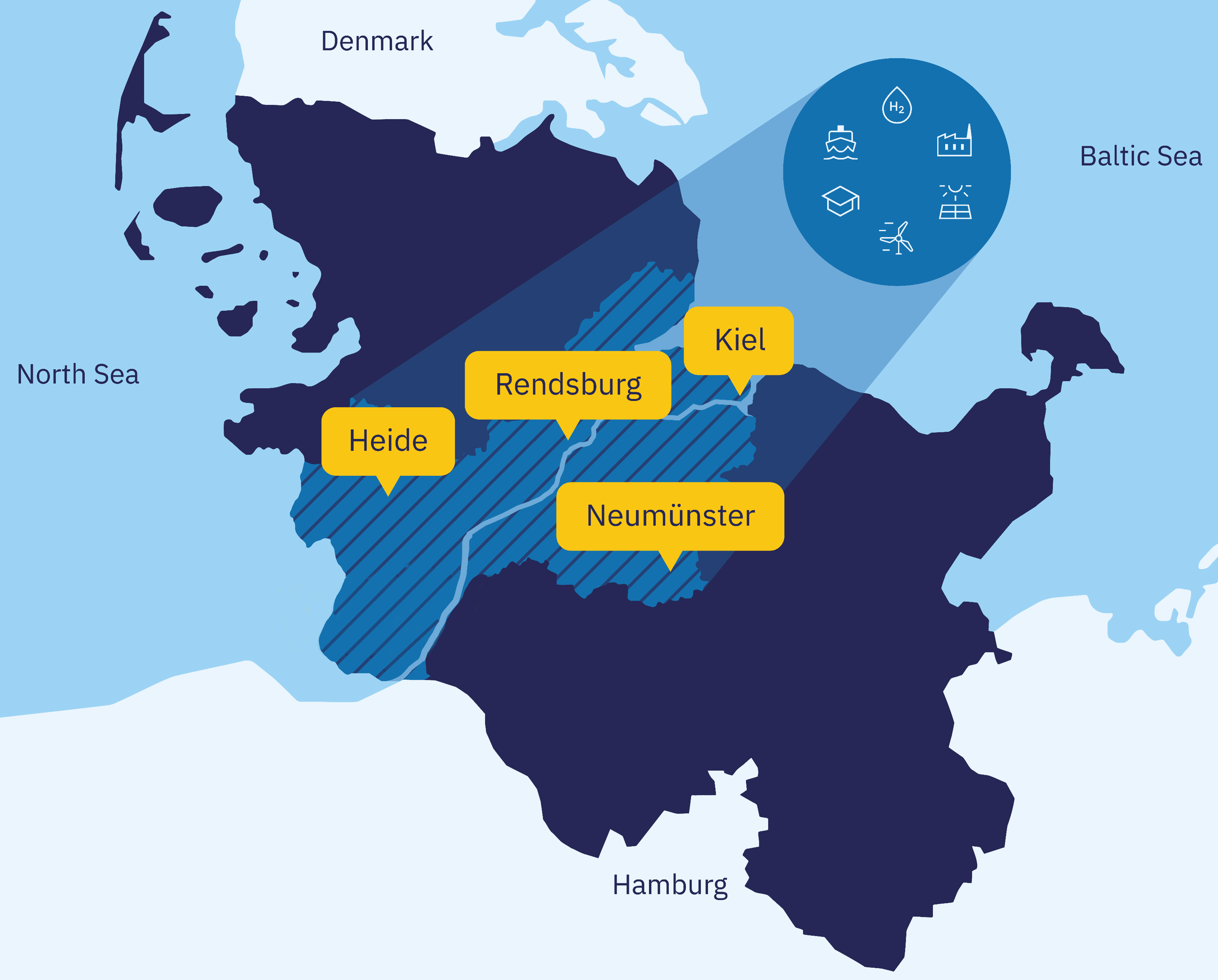 Blau hinterlegte Landkarte von Schleswig-Holstein mit den gelb markierten 4 Standorten des clean energy valleysor